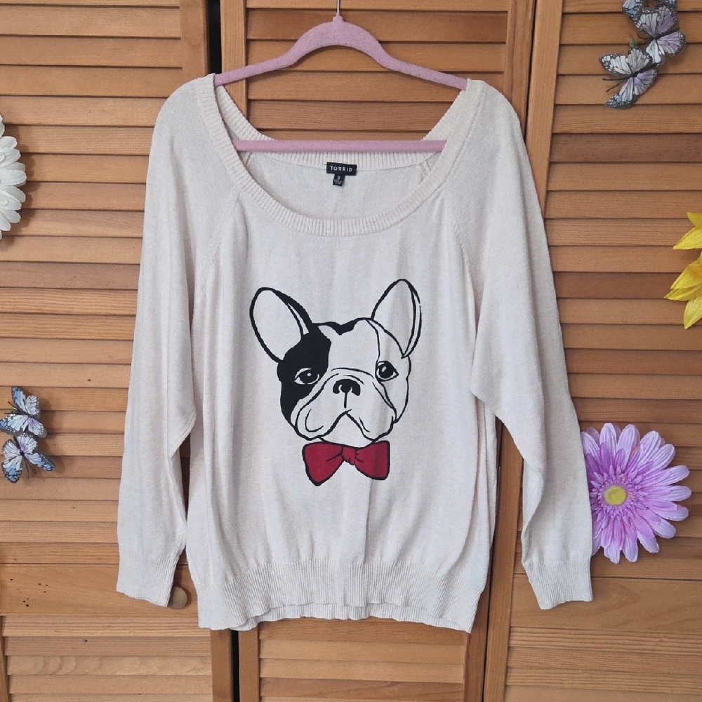 Vintage 2018 Torrid Cream Knit Sweater With Adorable Bulldog Face